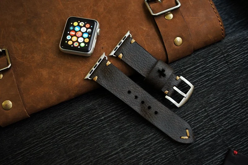 AWBF20-D2 GOLD handgefertigt Vintage Leder Uhrenarmband incl. Lugs Adapter für Apple Watch 1 und 2 (oder Apple Watch Sport) 42mm oder 38mm – Bild 4